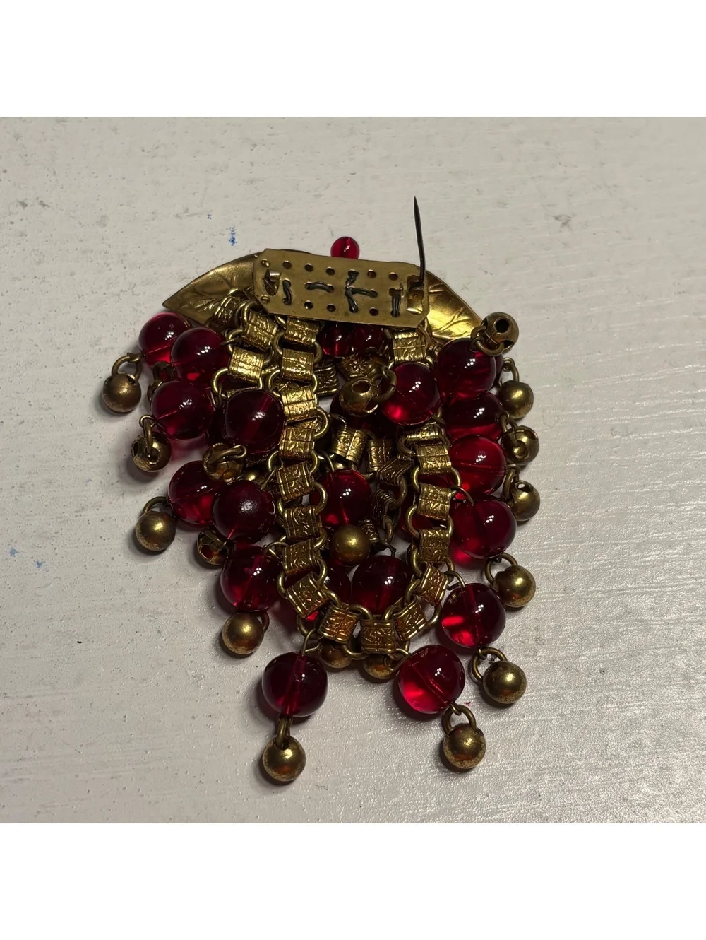 Early Verified Miriam Haskell Red Glass & Brass Bead Large Brooch
